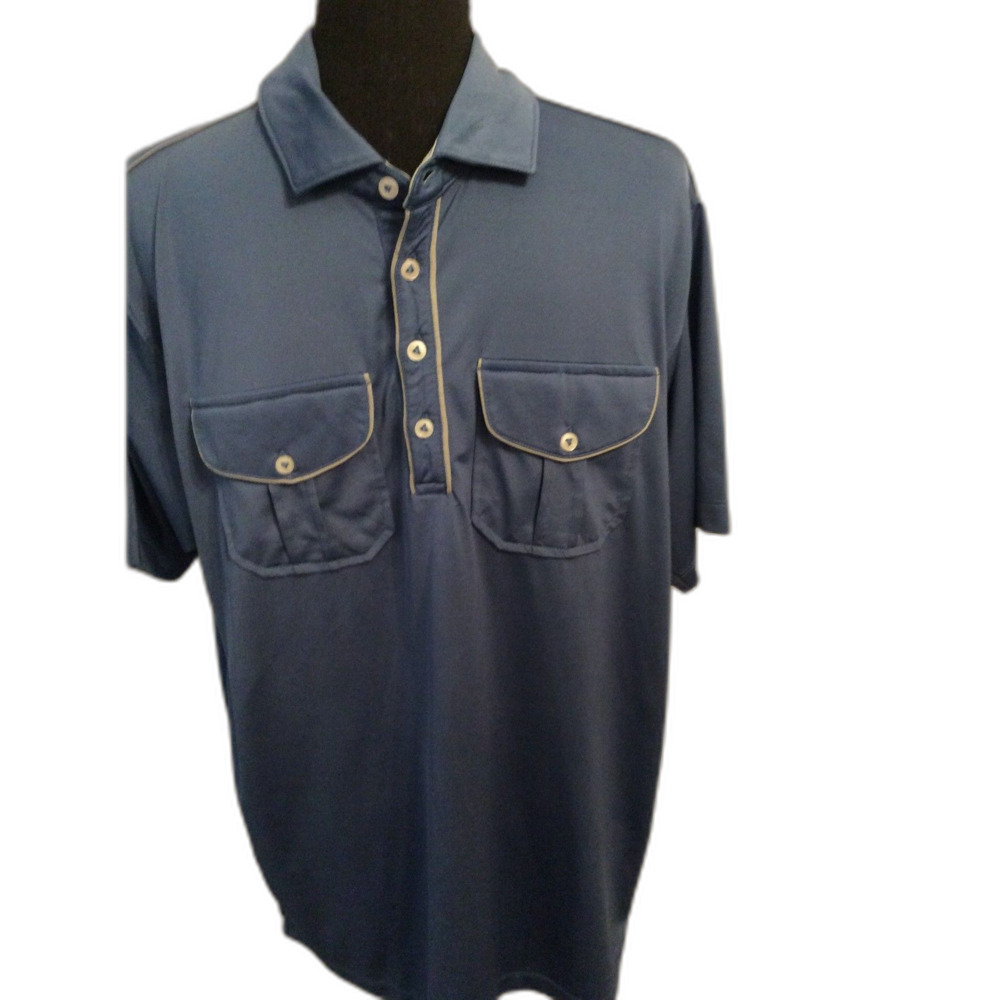 Matte Grey Double Flap Chest Pockets Blue Gray Polo Shirt Large